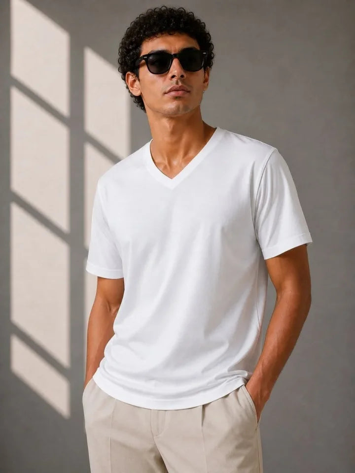 Erkek V Yaka Basic Tişört Kısa Kol Yazlık Regular Fit T-Shirt - Beyaz (189119)