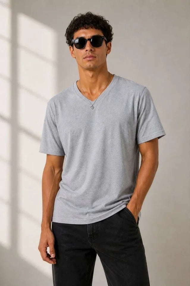 Erkek V Yaka Basic Tişört Kısa Kol Yazlık Regular Fit T-Shirt - Gri (189120)