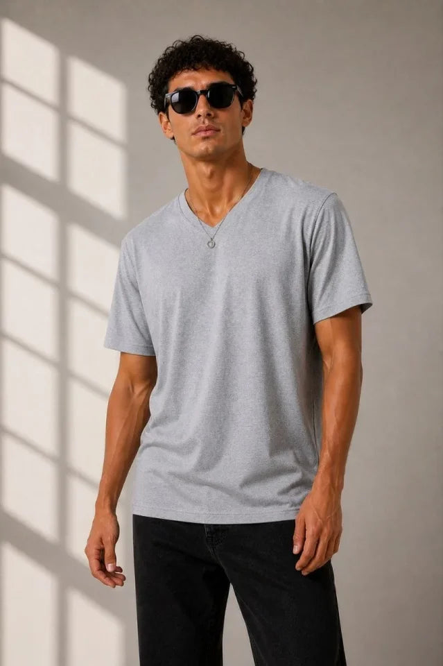 Erkek V Yaka Basic Tişört Kısa Kol Yazlık Regular Fit T-Shirt - Gri (189120)