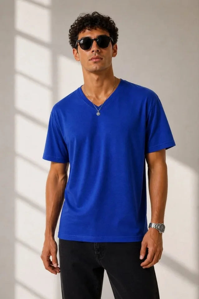 Erkek V Yaka Basic Tişört Kısa Kol Yazlık Regular Fit T-Shirt - Saks Mavisi (189121)