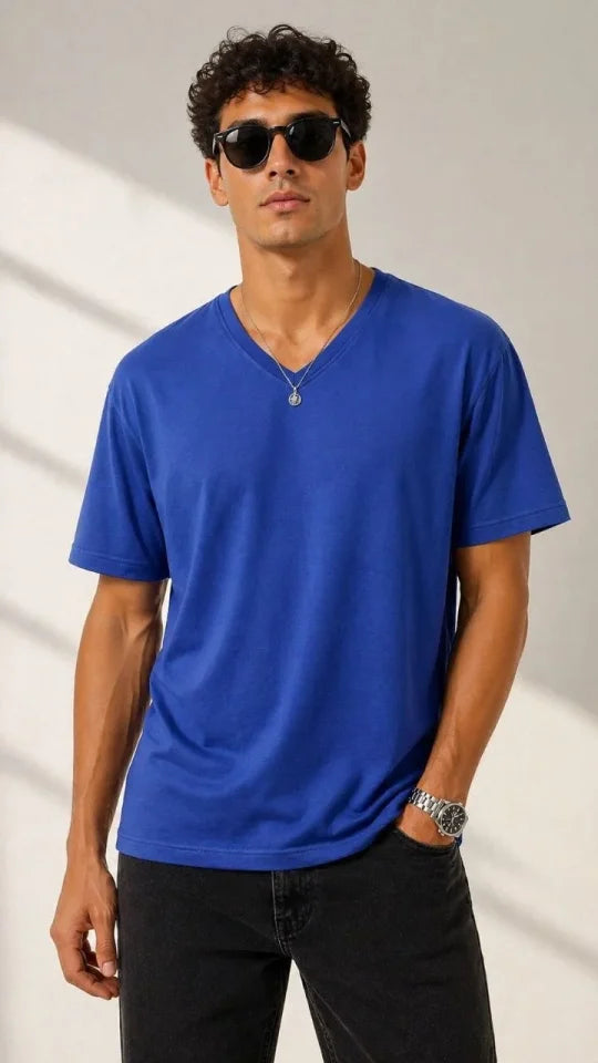 Erkek V Yaka Basic Tişört Kısa Kol Yazlık Regular Fit T-Shirt - Saks Mavisi (189121)
