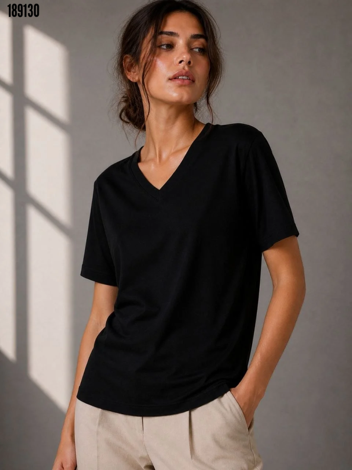 V Yaka Basic Tişört Kısa Kol Yazlık Regular Fit TShirt Siyah