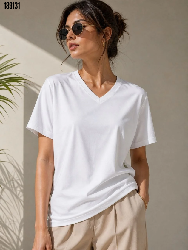 V Yaka Basic Tişört Kısa Kol Yazlık Regular Fit TShirt Beyaz