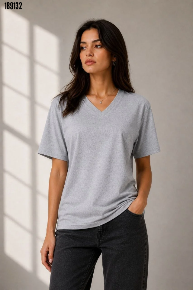 V Yaka Basic Tişört Kısa Kol Yazlık Regular Fit TShirt Gri