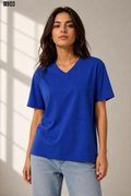 V Yaka Basic Tişört Kısa Kol Yazlık Regular Fit TShirt Saks Mavisi