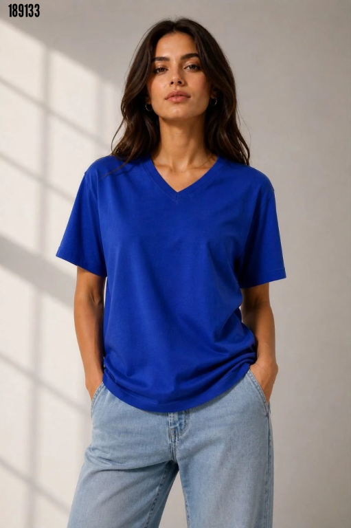 V Yaka Basic Tişört Kısa Kol Yazlık Regular Fit TShirt Saks Mavisi