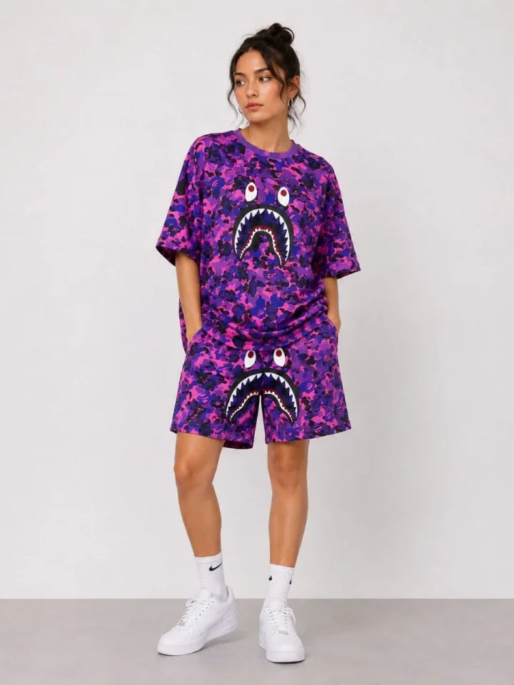 Oversize Kalıp Pubg Bape X Shark Nakışlı Cepli Şort Takım - Mor (189525)