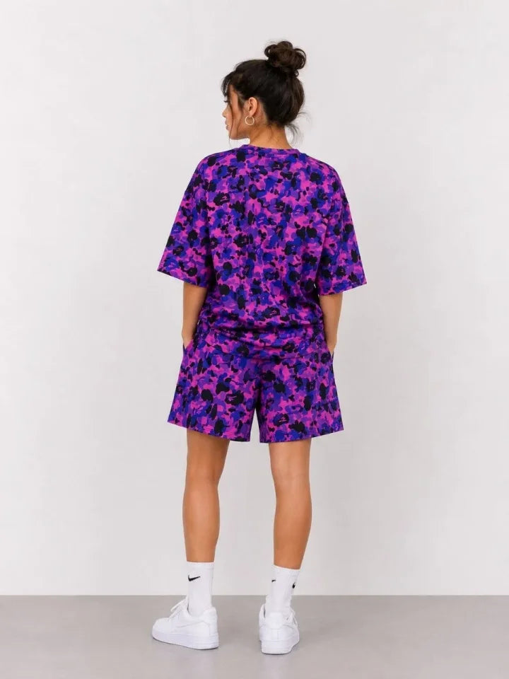 Oversize Kalıp Pubg Bape X Shark Nakışlı Cepli Şort Takım - Mor (189525)