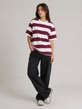Çizgili Oversize Tişört Bisiklet Yaka Kısa Kol Yazlık T-Shirt - Bordo (189527)