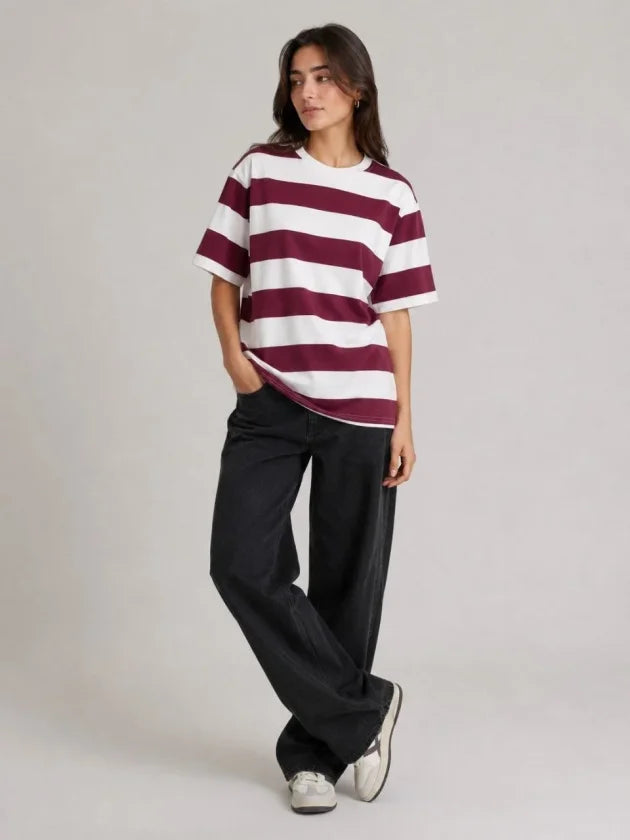 Çizgili Oversize Tişört Bisiklet Yaka Kısa Kol Yazlık T-Shirt - Bordo (189527)