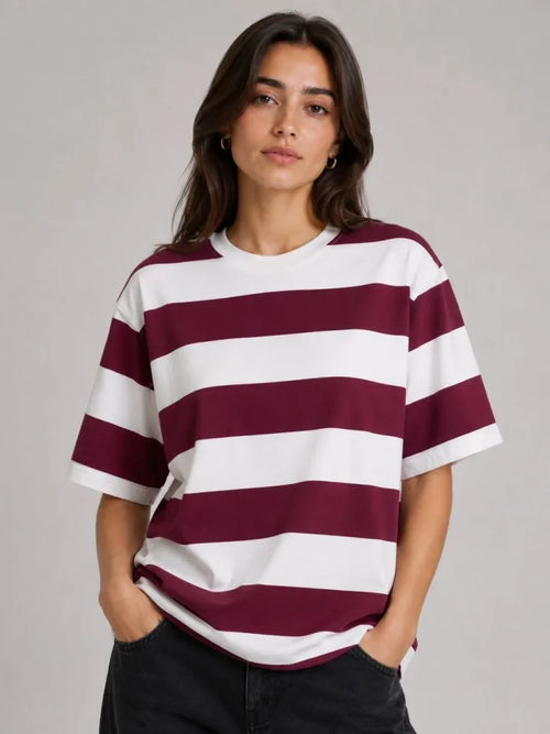Çizgili Oversize Tişört Bisiklet Yaka Kısa Kol Yazlık T-Shirt - Bordo (189527)