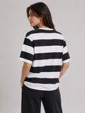 Çizgili Oversize Tişört Bisiklet Yaka Kısa Kol Yazlık T-Shirt - Siyah (189528)