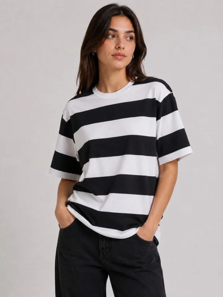 Çizgili Oversize Tişört Bisiklet Yaka Kısa Kol Yazlık T-Shirt - Siyah (189528)