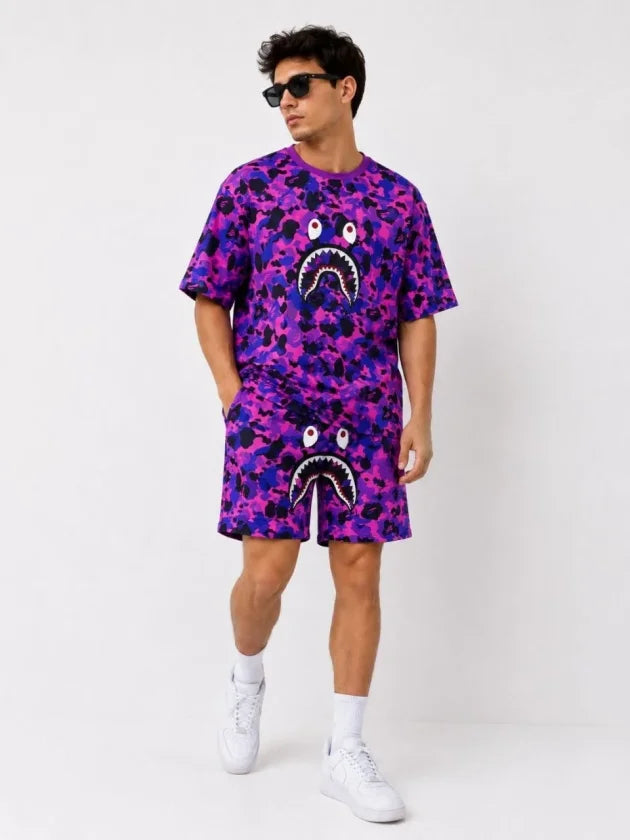 Erkek Oversize Kalıp Pubg Bape X Shark Nakışlı Cepli Şort Takım - Mor (189548)