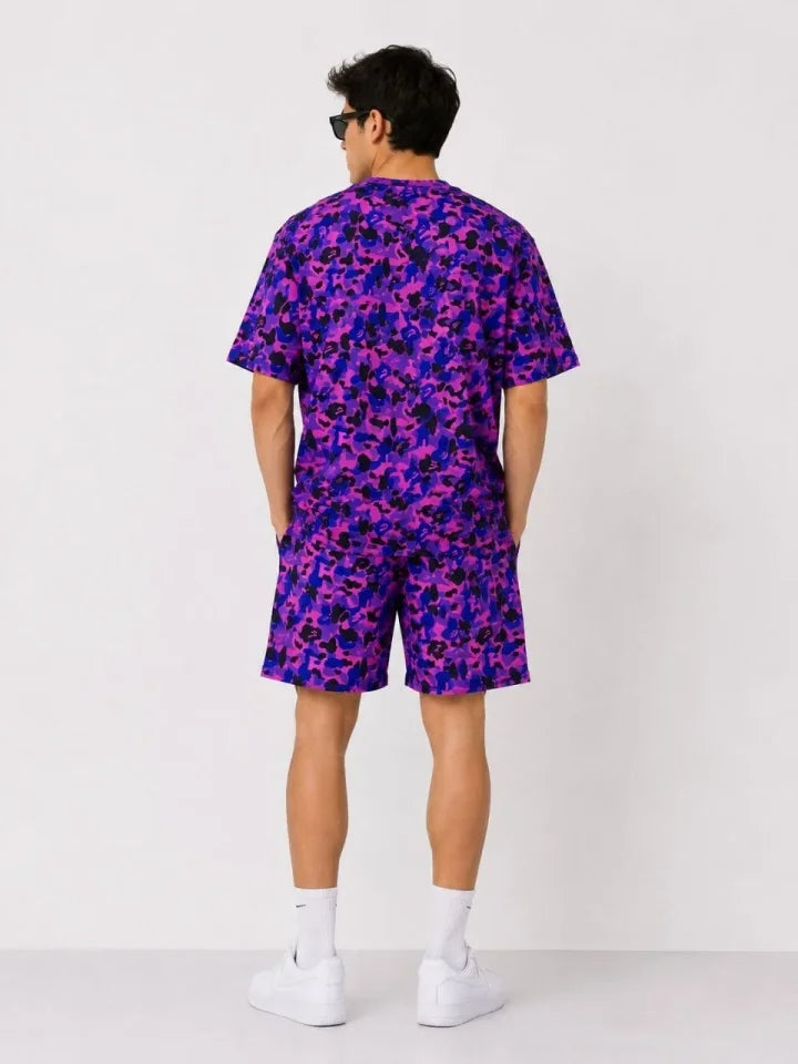 Erkek Oversize Kalıp Pubg Bape X Shark Nakışlı Cepli Şort Takım - Mor (189548)