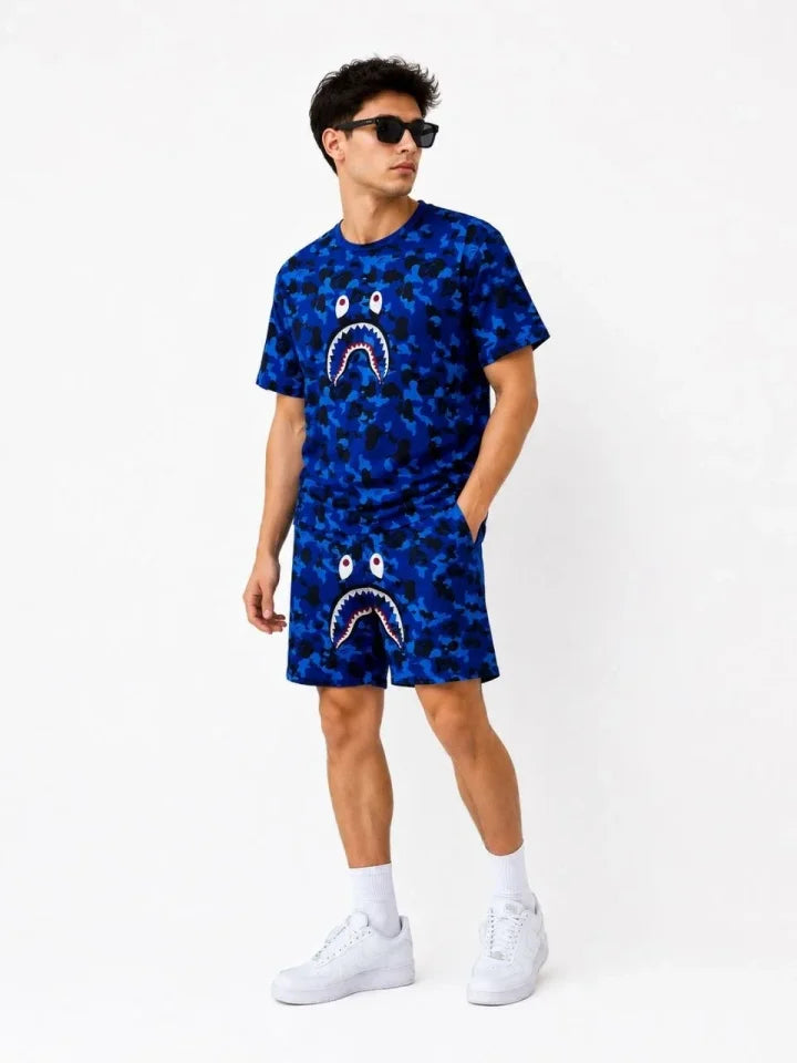 Erkek Oversize Kalıp Pubg Bape X Shark Nakışlı Cepli Şort Takım - Mavi (189549)