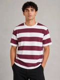 Erkek Çizgili Oversize Tişört Bisiklet Yaka Kısa Kol Yazlık T-Shirt - Bordo (189551)