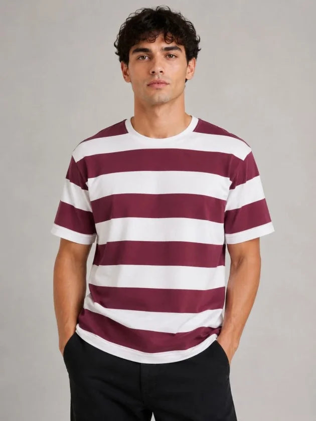 Erkek Çizgili Oversize Tişört Bisiklet Yaka Kısa Kol Yazlık T-Shirt - Bordo (189551)