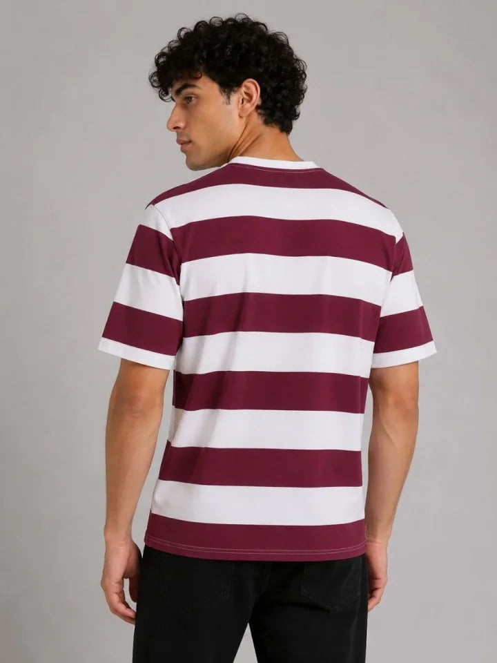 Erkek Çizgili Oversize Tişört Bisiklet Yaka Kısa Kol Yazlık T-Shirt - Bordo (189551)