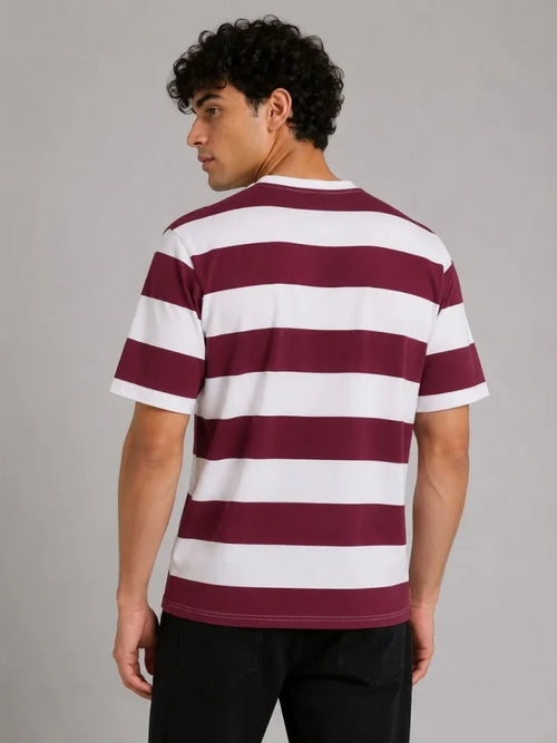 Erkek Çizgili Oversize Tişört Bisiklet Yaka Kısa Kol Yazlık T-Shirt - Bordo (189551)