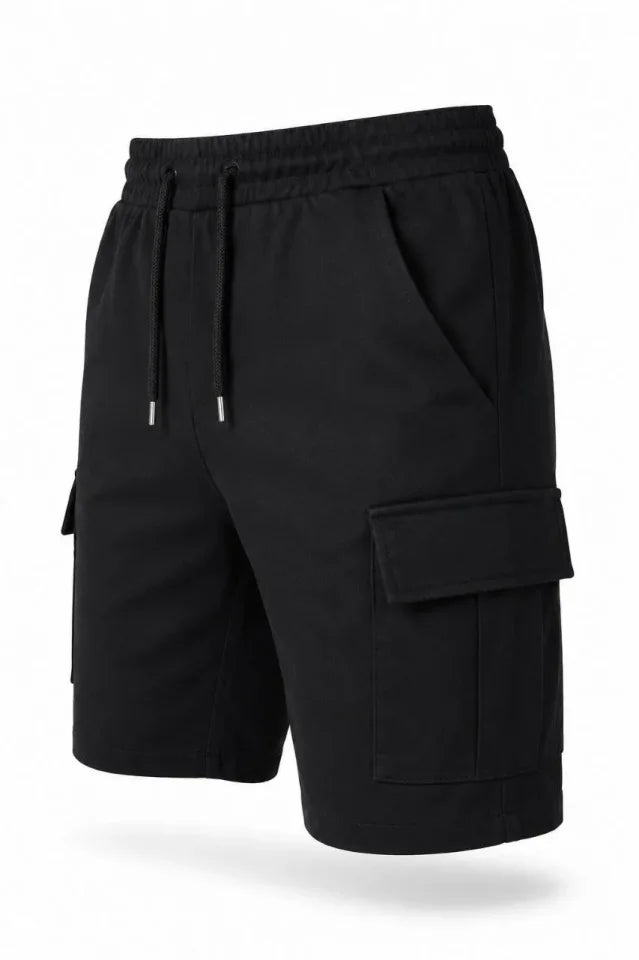 4 Cepli Kargo Şort Lastikli Bel Bağcıklı Rahat Kalıp Yazlık Şort - Siyah (190064)