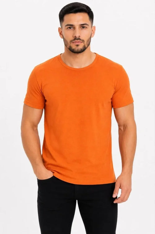 Erkek Basic Tişört Bisiklet Yaka Kısa Kol Günlük Yazlık Slim Fit T-Shirt - Turuncu (190086)