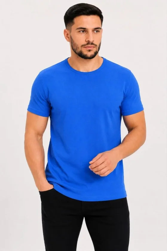 Erkek Basic Tişört Bisiklet Yaka Kısa Kol Günlük Yazlık Slim Fit T-Shirt - Saks Mavisi (190087)
