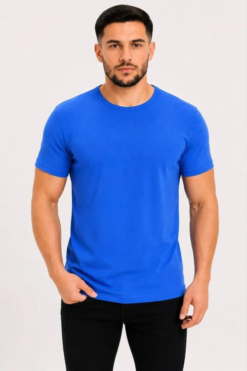 Erkek Basic Tişört Bisiklet Yaka Kısa Kol Günlük Yazlık Slim Fit T-Shirt - Saks Mavisi (190087)