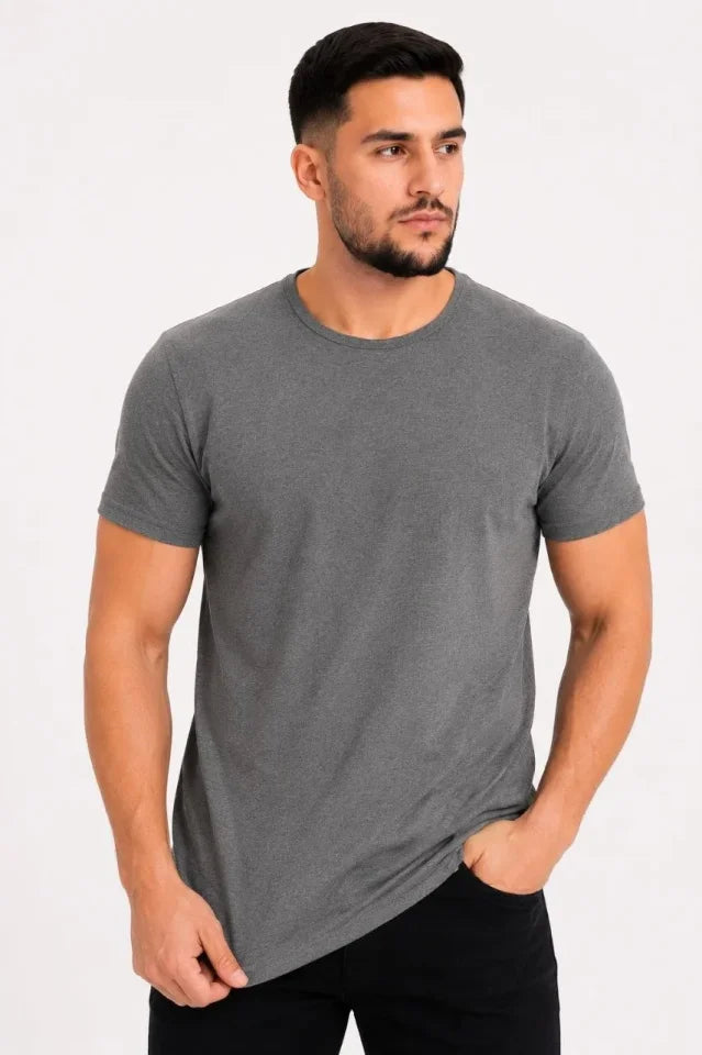 Erkek Basic Tişört Bisiklet Yaka Kısa Kol Günlük Yazlık Slim Fit T-Shirt - Antrasit (190089)
