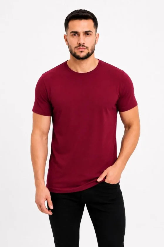 Erkek Basic Tişört Bisiklet Yaka Kısa Kol Günlük Yazlık Slim Fit T-Shirt - Bordo (190091)