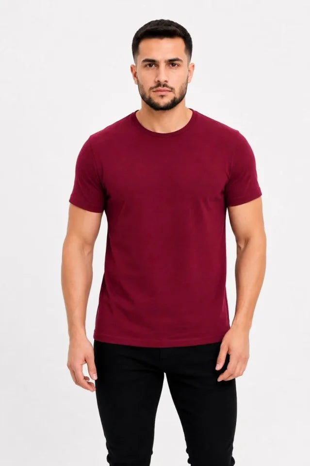 Erkek Basic Tişört Bisiklet Yaka Kısa Kol Günlük Yazlık Slim Fit T-Shirt - Bordo (190091)