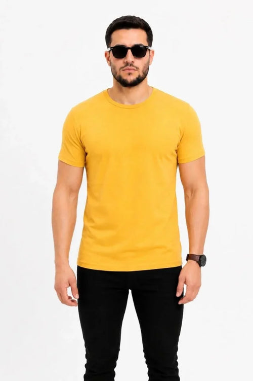 Erkek Basic Tişört Bisiklet Yaka Kısa Kol Günlük Yazlık Slim Fit T-Shirt - Sarı (190092)
