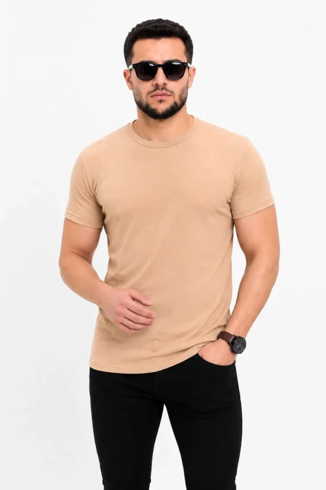 Erkek Basic Tişört Bisiklet Yaka Kısa Kol Günlük Yazlık Slim Fit T-Shirt - Bej (190093)
