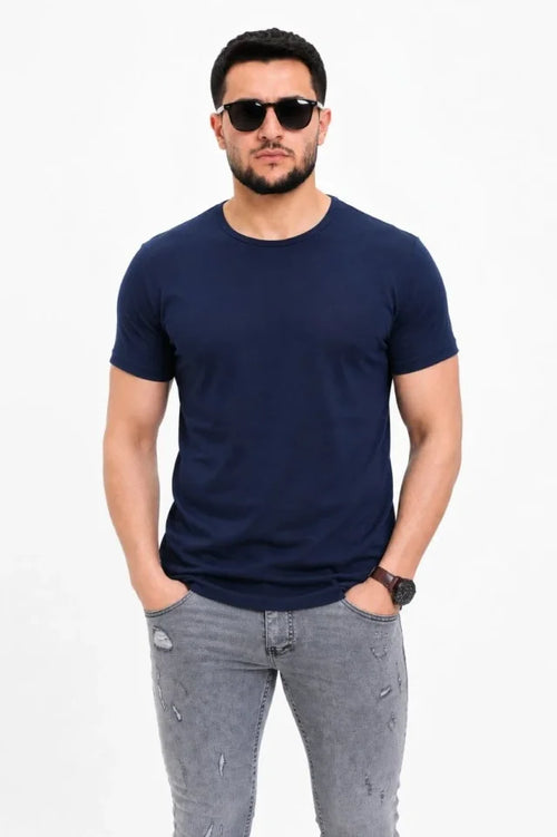 Erkek Basic Tişört Bisiklet Yaka Kısa Kol Günlük Yazlık Slim Fit T-Shirt - Lacivert (190094)