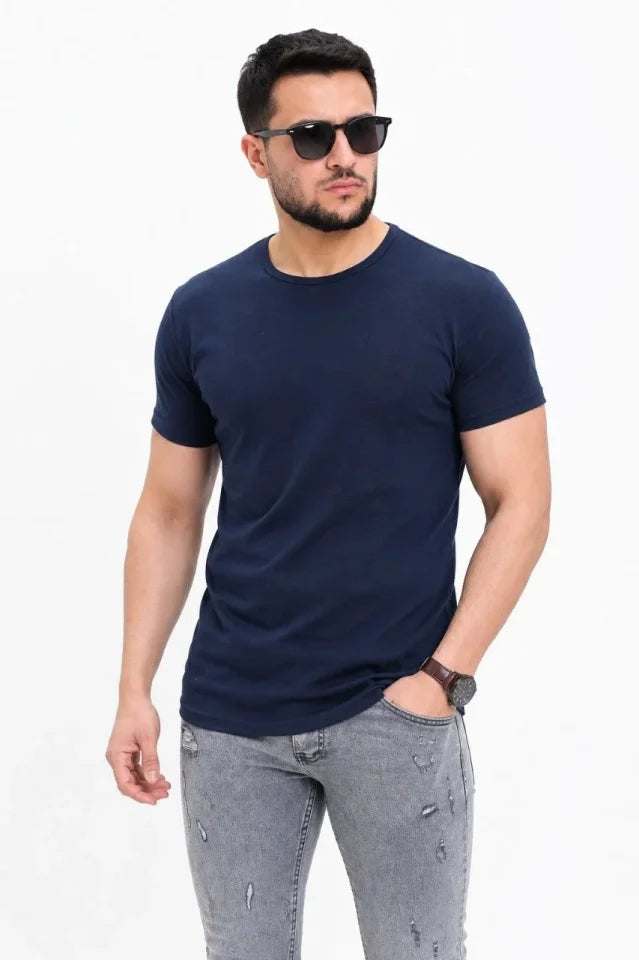 Erkek Basic Tişört Bisiklet Yaka Kısa Kol Günlük Yazlık Slim Fit T-Shirt - Lacivert (190094)