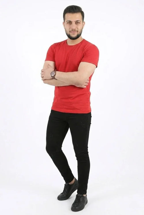 Erkek Basic Tişört Bisiklet Yaka Kısa Kol Günlük Yazlık Slim Fit T-Shirt - Kırmızı (190095)