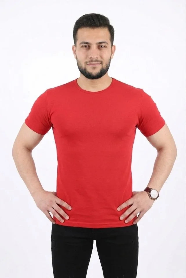 Erkek Basic Tişört Bisiklet Yaka Kısa Kol Günlük Yazlık Slim Fit T-Shirt - Kırmızı (190095)
