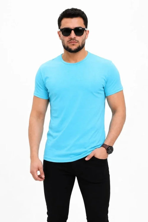 Erkek Basic Tişört Bisiklet Yaka Kısa Kol Günlük Yazlık Slim Fit T-Shirt - Açık Mavi (190096)