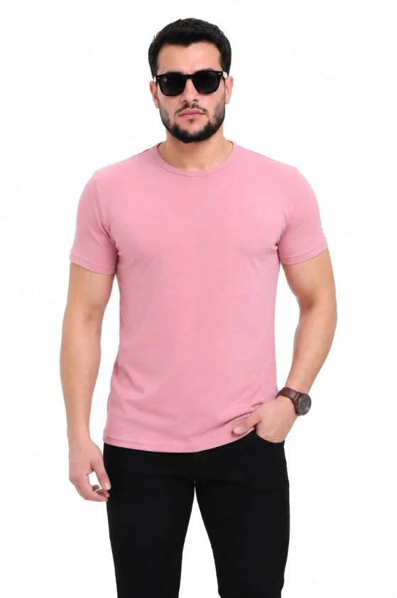 Erkek Basic Tişört Bisiklet Yaka Kısa Kol Günlük Yazlık Slim Fit T-Shirt - Pembe (190097)