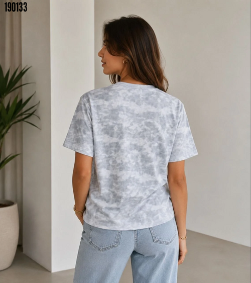 Batik Desenli Tişört Bisiklet Yaka Kısa Kol Regular Fit Tshirt Gri