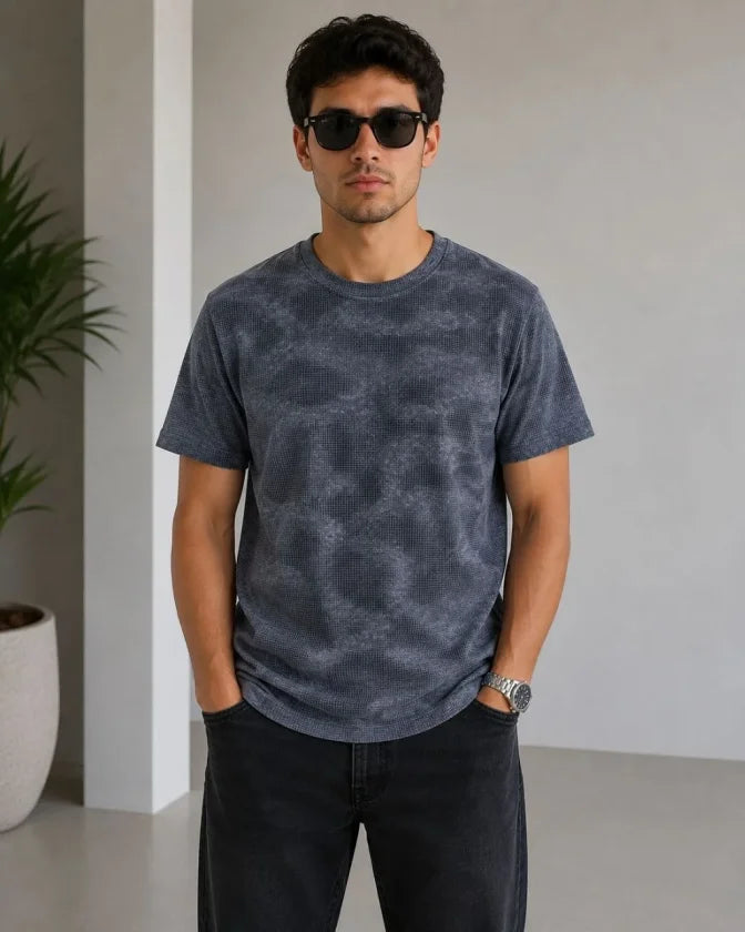 Erkek Batik Desenli Tişört Bisiklet Yaka Kısa Kol Regular Fit T-shirt - Füme (190144)