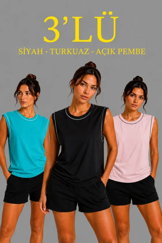 3’lü Kolsuz Sporcu Atlet Seti Yazlık Bisiklet Yaka - Siyah, Turkuaz, Pembe (190352)