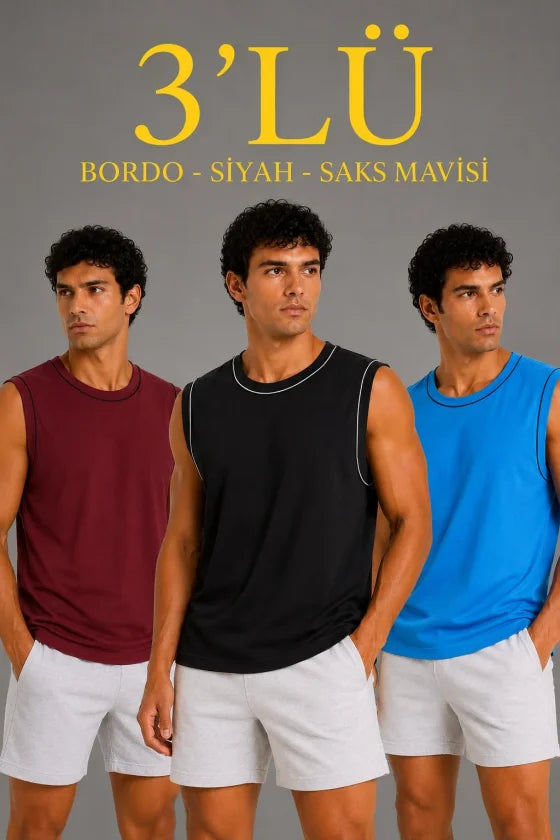 Erkek 3'lü Kolsuz Sporcu Atlet Seti Yazlık Bisiklet Yaka - Siyah / Bordo / Turkuaz (190357)