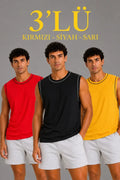 Erkek 3'lü Kolsuz Sporcu Atlet Seti Yazlık Bisiklet Yaka - Siyah / Kırmızı / Sarı (190359)