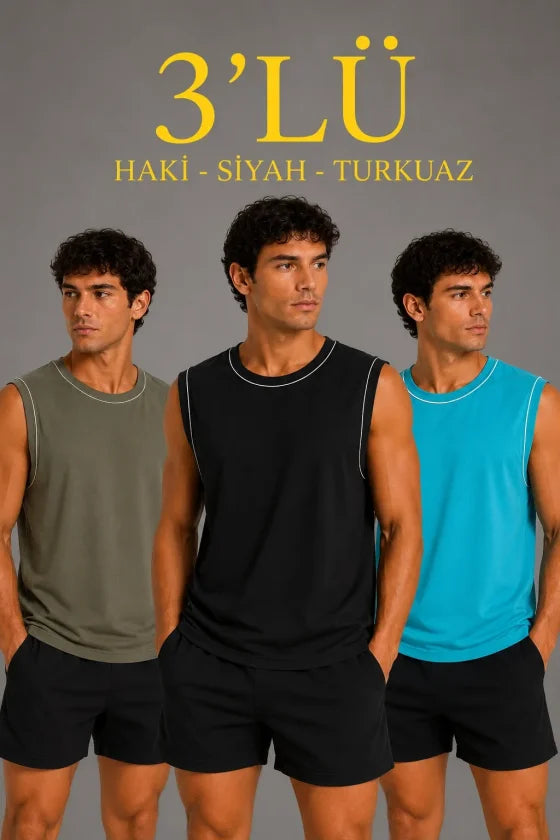 Erkek 3'lü Kolsuz Sporcu Atlet Seti Yazlık Bisiklet Yaka - Siyah / Haki / Açık Mavi (190361)
