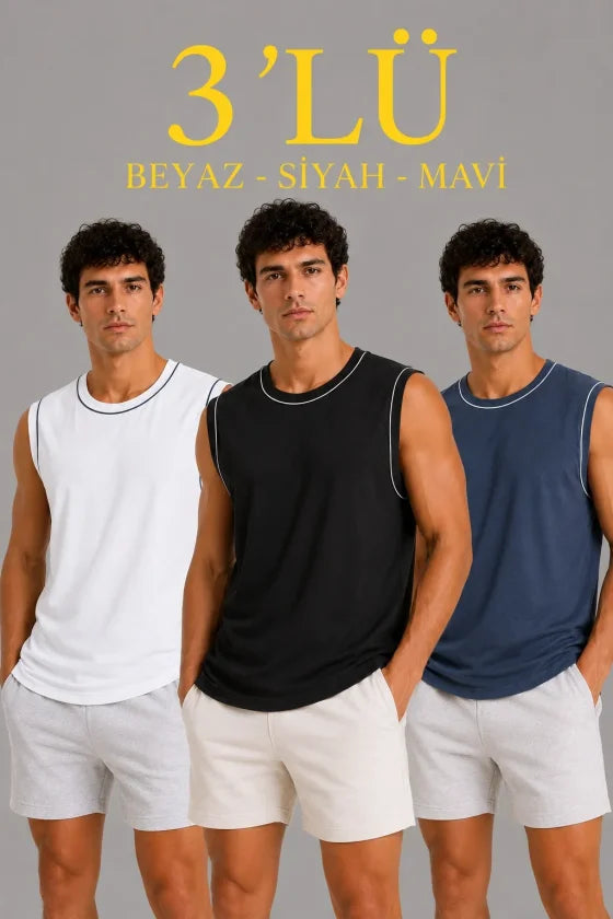 Erkek 3'lü Kolsuz Sporcu Atlet Seti Yazlık Bisiklet Yaka - Siyah / Beyaz / İndigo (190362)