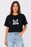 Kedi Baskılı Oversize Crop Tişört Salaş Basic Yarım Kol T-shirt - Siyah (190647)