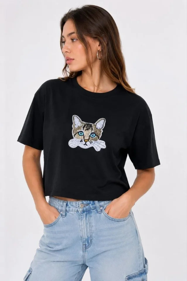 Kedi Baskılı Oversize Crop Tişört Salaş Basic Yarım Kol T-shirt - Siyah (190647)