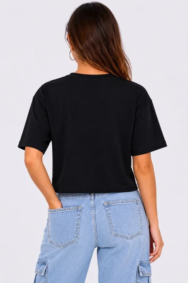 Kedi Baskılı Oversize Crop Tişört Salaş Basic Yarım Kol T-shirt - Siyah (190647)