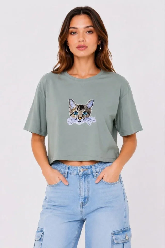 Kedi Baskılı Oversize Crop Tişört Salaş Basic Yarım Kol T-shirt - Mint Yeşili (190648)